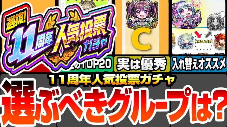 【動画まとめ】【モンスト】どのグループを選ぶべき？『11周年 人気投票ガチャ』安定のTOP20組は環境最強ばかり！Cグループも実は優秀！入れ替えオススメキャラはこいつら！【モンフリ】【へっぽこストライカー】