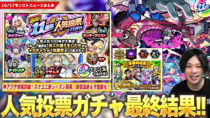 【動画まとめ】【モンスト】ついに『選抜！11周年人気投票ガチャ』結果発表！Ver.29.0神アップデート日時＆詳細判明！新轟絶『ペディオ』＆守護獣『バンシー』登場！『スクランブルユニバース』新シーズン開幕！【しろ】