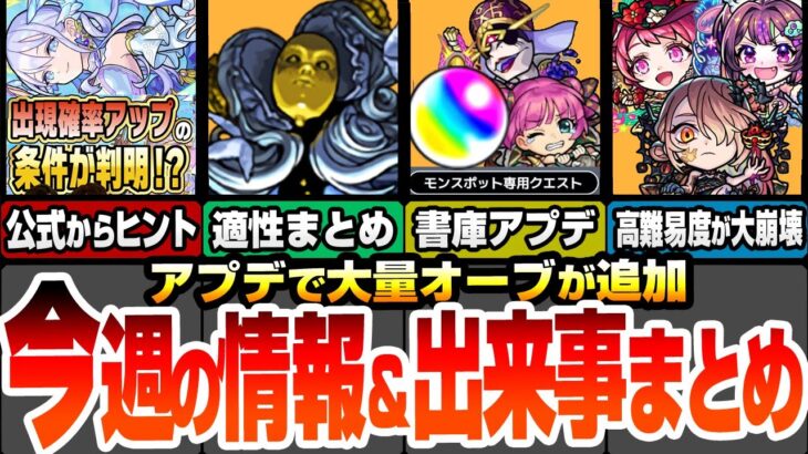 【動画まとめ】【モンスト】今週の情報＆出来事まとめ！天魔EX出現確率UPのヒントが判明！アプデで書庫オーブが大量追加！空中庭園や黎絶が大崩壊しまくりでヤバイ！轟絶ディスモルフォの適性まとめ【へっぽこストライカー】