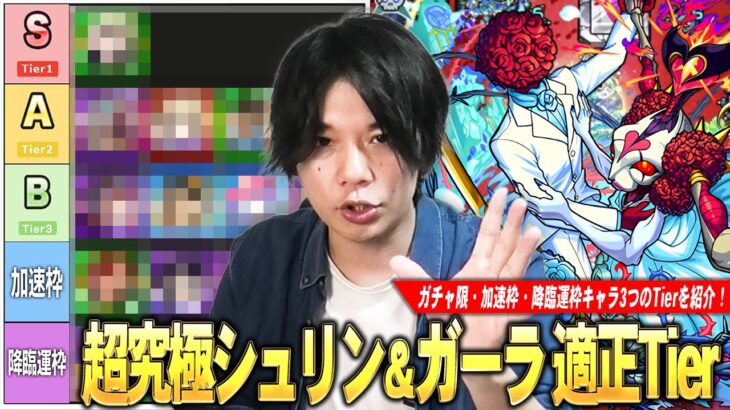 【動画まとめ】【モンスト】久しぶりに運枠が必要な周回系の超究極！結構難しいけど適正キャラの幅は広い！《ガチャ限・加速枠・降臨運枠》3つの視点から超究極『シュリン＆ガーラ』しろ的適正Tierランキングを紹介！【しろ】